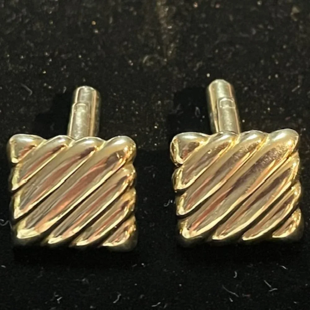 VTG Gold Tone Square Shaped Striped Ribbon Style Cuff Links Retro Gift